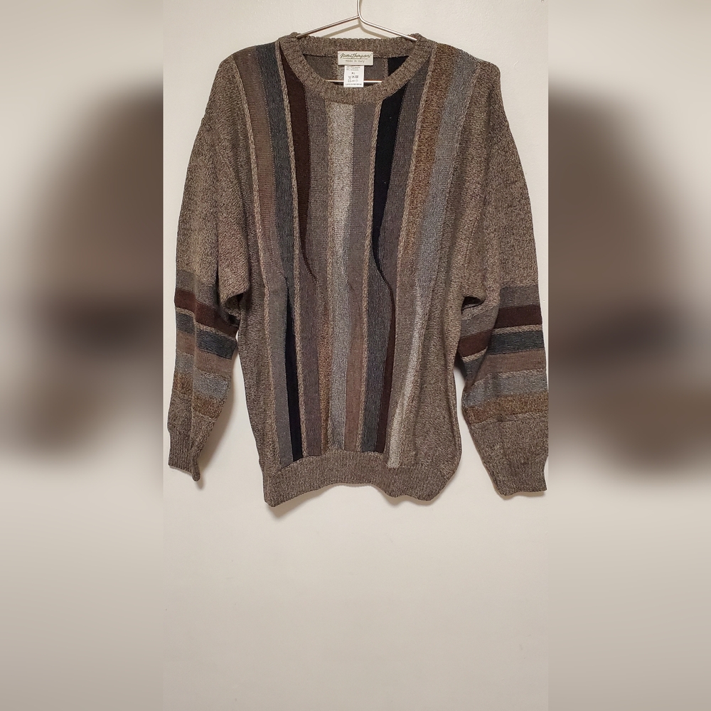 Vintage Norm Thompson Men's Crewneck Sweater - Brown and Gray Stripes